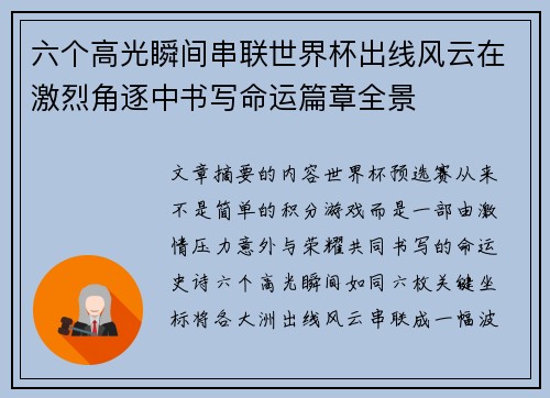 六个高光瞬间串联世界杯出线风云在激烈角逐中书写命运篇章全景