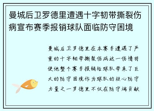 曼城后卫罗德里遭遇十字韧带撕裂伤病宣布赛季报销球队面临防守困境 曼城后卫罗德里遭遇十字韧带撕裂伤病宣布赛季报销球队面临防守困境